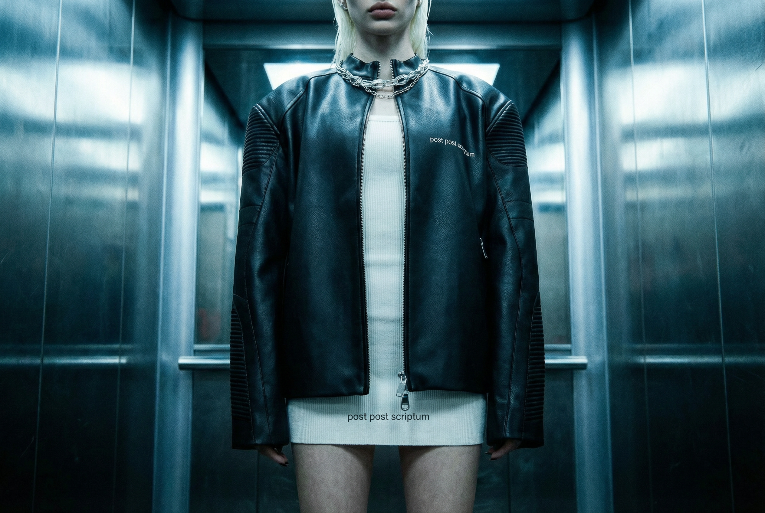 AI model leather jacket post post scriptum